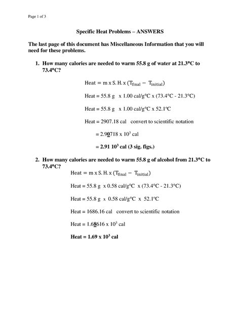 specific heat problems with answers